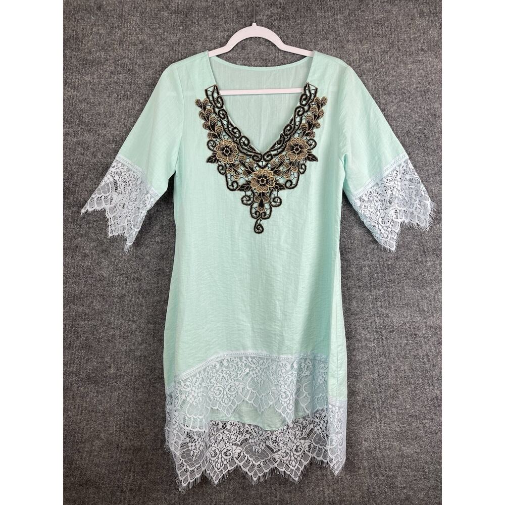 Vela‎ Style Dress Lime Green White Lace Black/Brown Embroidered Size S - M